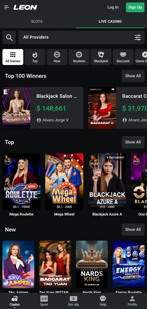 Leon Casino Android-App mit Live-Wetten und Casinospielen im Hochformat