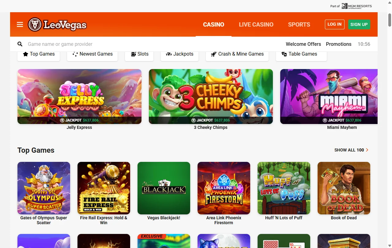 LeoVegas Casino Startseite für Österreich mit LeoJackpot und Spielkategorien