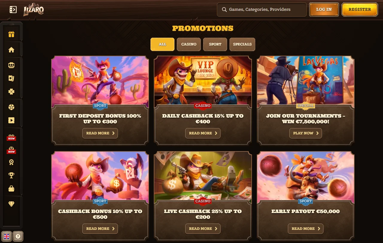 Lizaro Casino Spielauswahl mit Slots von Pragmatic Play, Novomatic und weiteren Anbietern