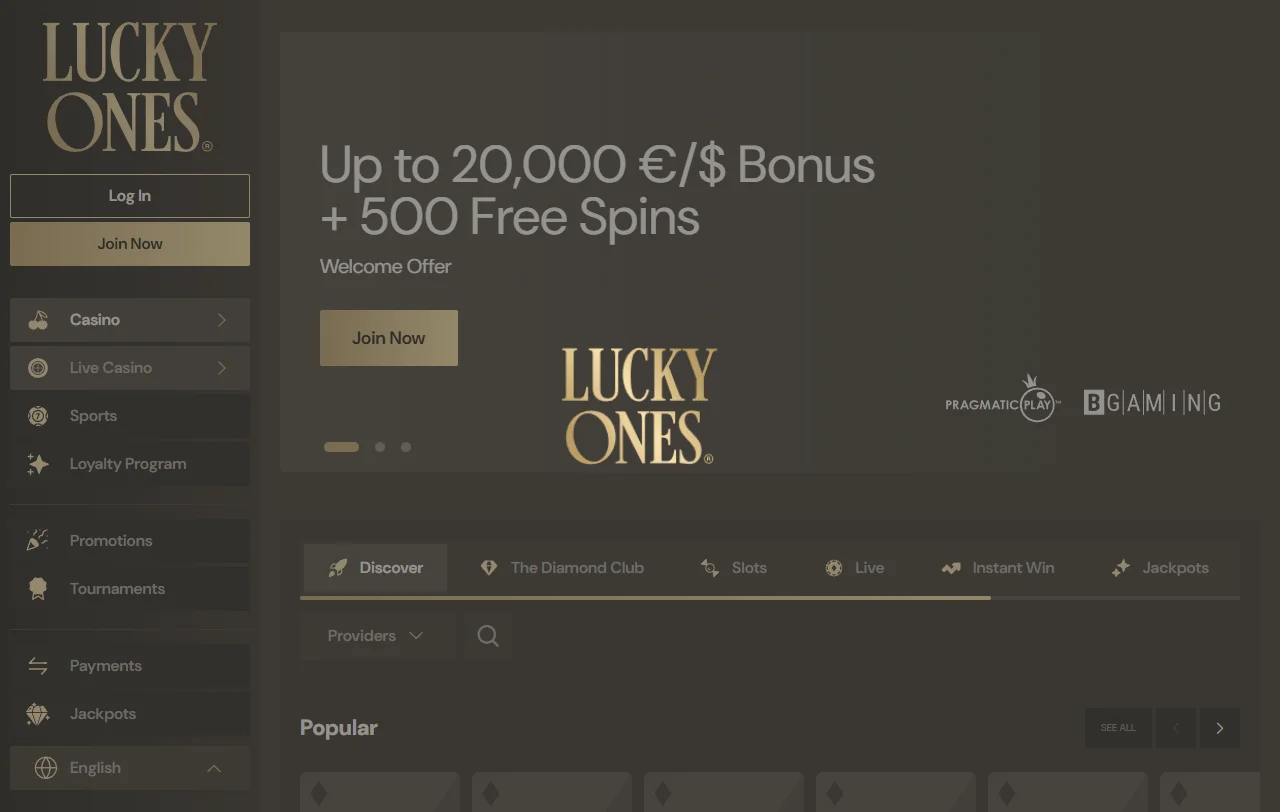 Lucky Ones Casino Startseite mit Überblick über Angebot, Betreiber und Zielmärkte