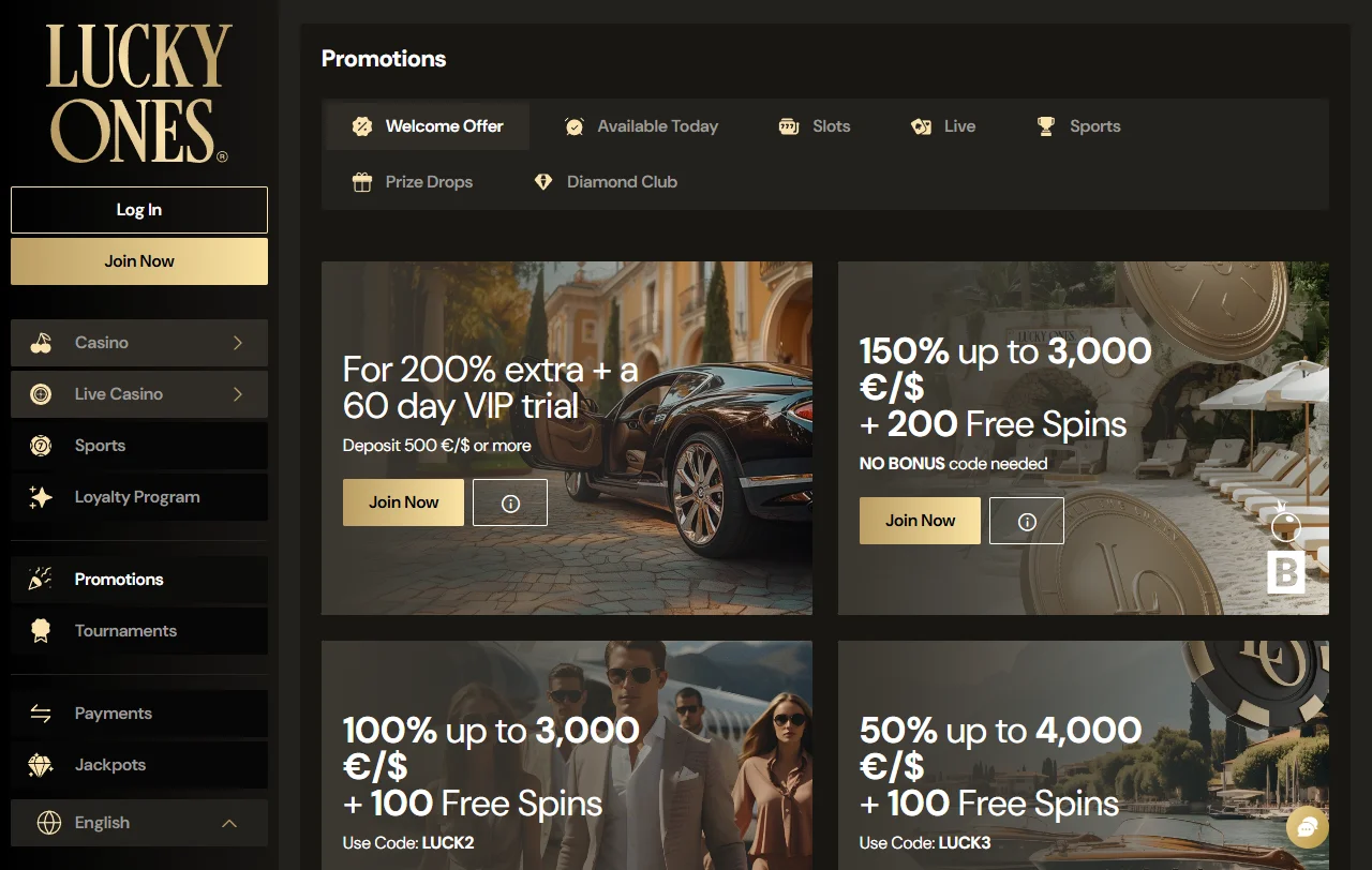 Spielauswahl bei Lucky Ones Casino mit Slots von Pragmatic Play und Gamomat