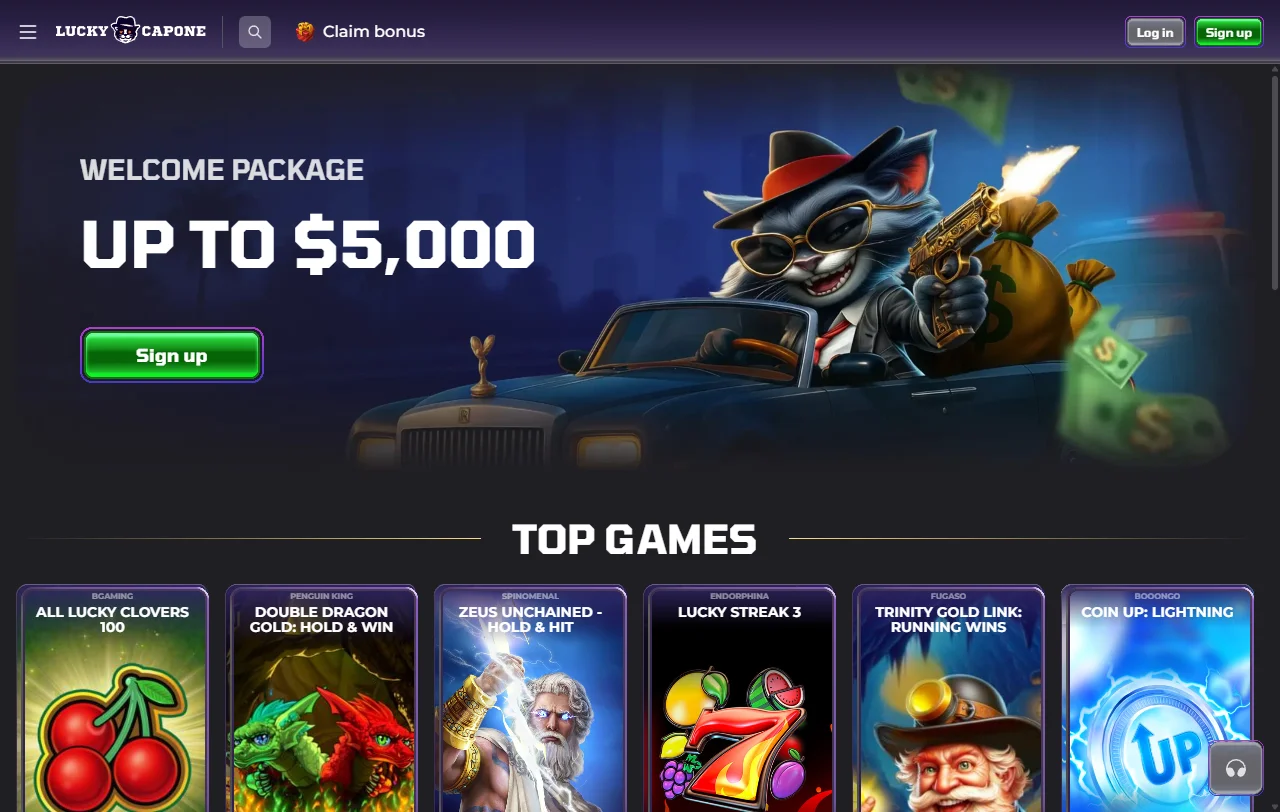 Startseite von LuckyCapone Casino mit Spielekategorien und aktuellem Willkommenspaket
