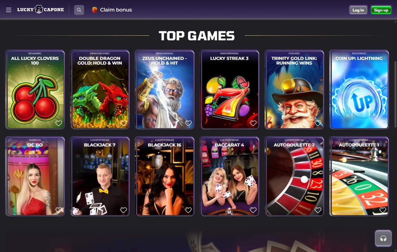Bonusbereich von LuckyCapone Casino mit Willkommenspaket bis 1.500 Euro und Free Spins