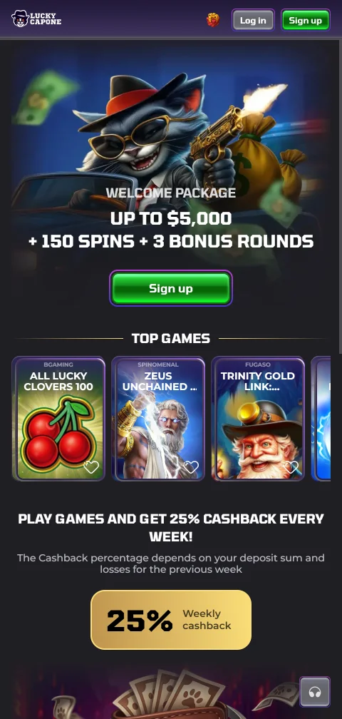 Mobile Website von LuckyCapone Casino im Smartphone-Browser mit Spieleauswahl