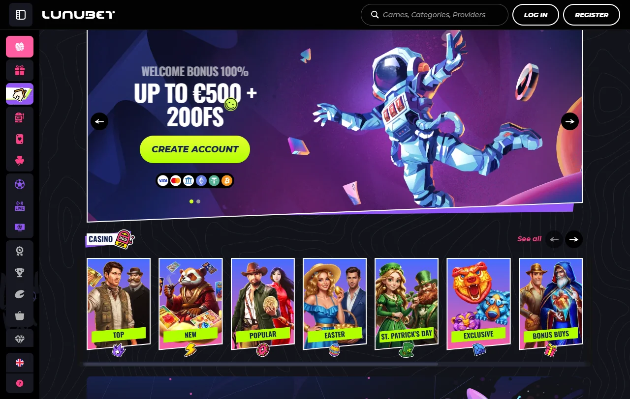 Startseite von Lunubet Casino mit Casino- und Sportwettenbereich auf einem Guthaben