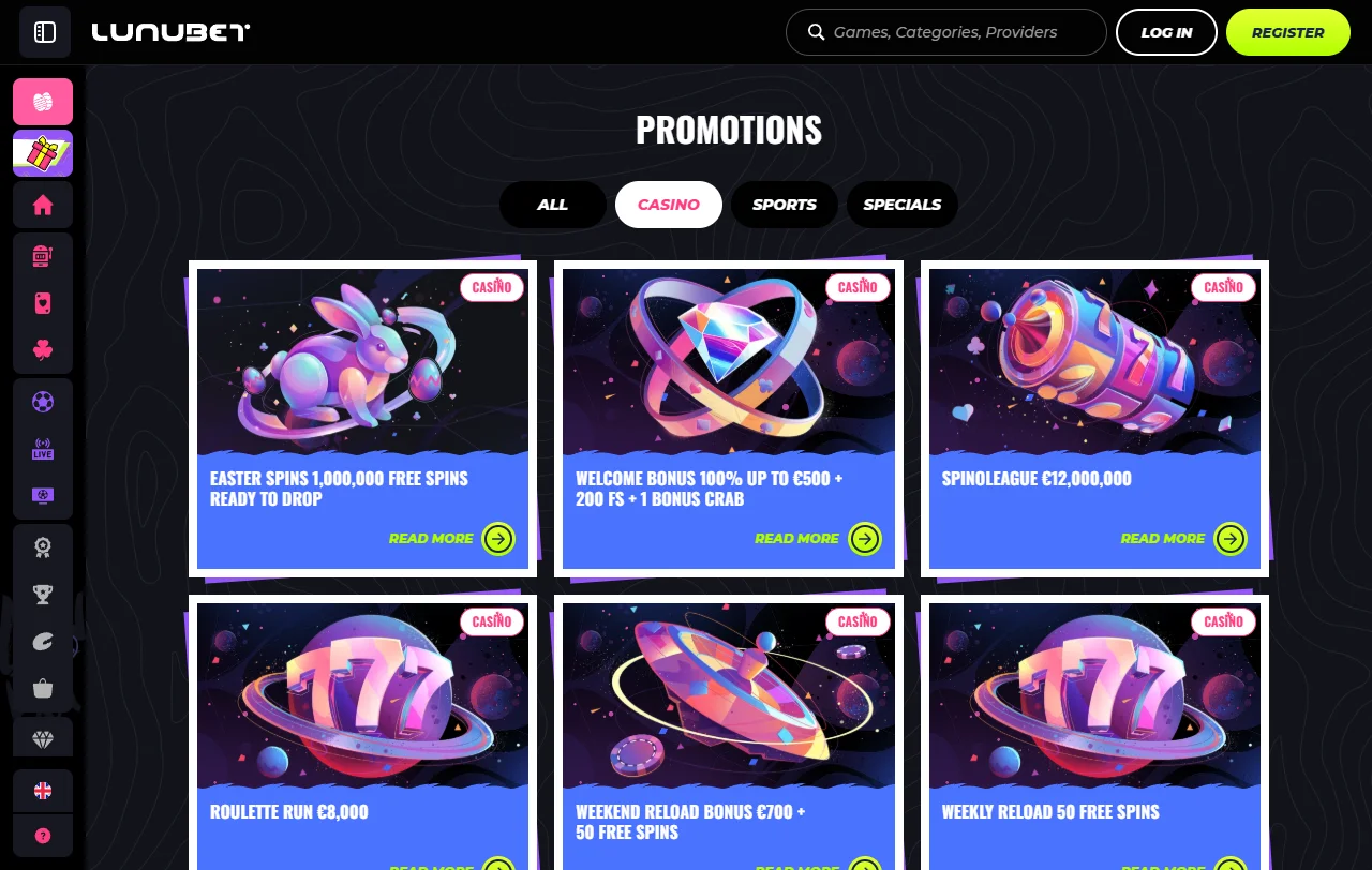 Spielelobby von Lunubet Casino mit über 8.000 Titeln von mehr als 80 Studios