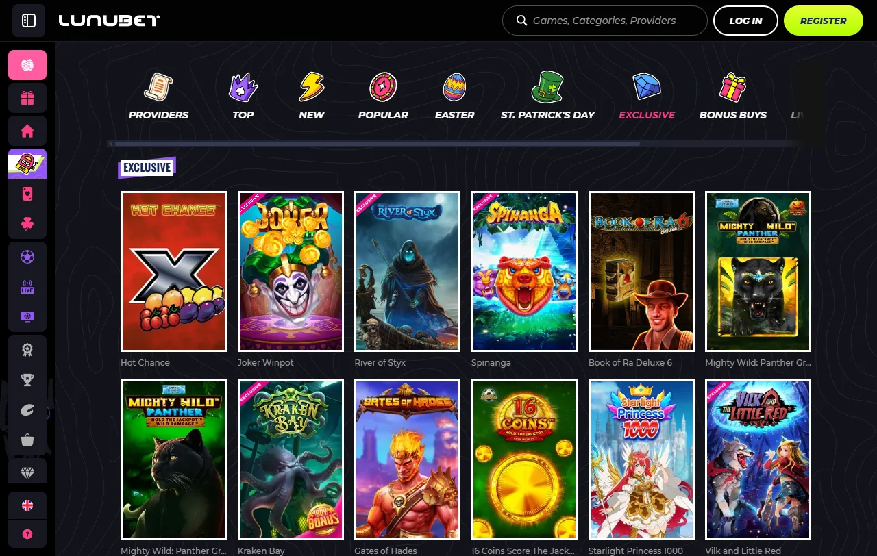 Aktionsseite von Lunubet Casino mit Willkommenspaket, Ersteinzahlungsbonus und täglichem Cashback
