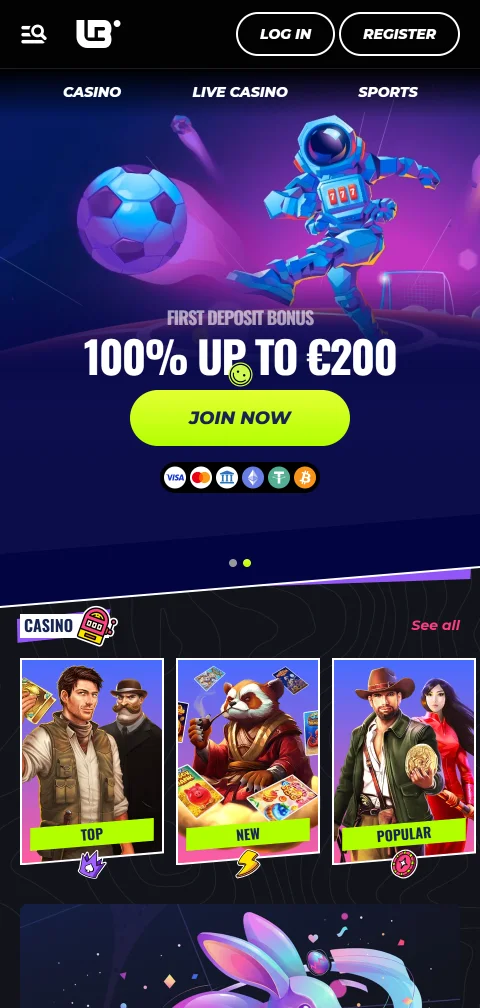 Mobile Browserversion von Lunubet Casino mit Lobby und Kategorien am Smartphone