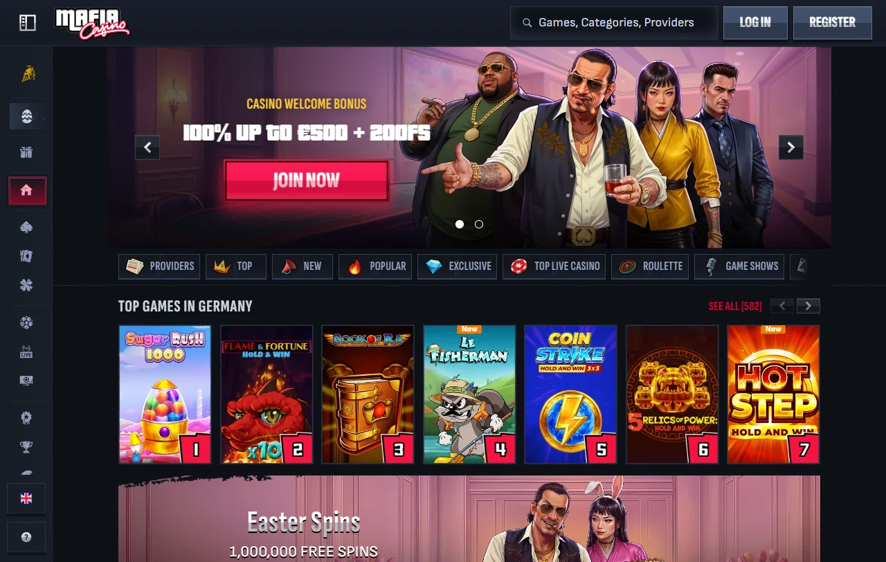 Mafia Casino Startseite mit Überblick über Spiele, Sportwetten und Aktionen