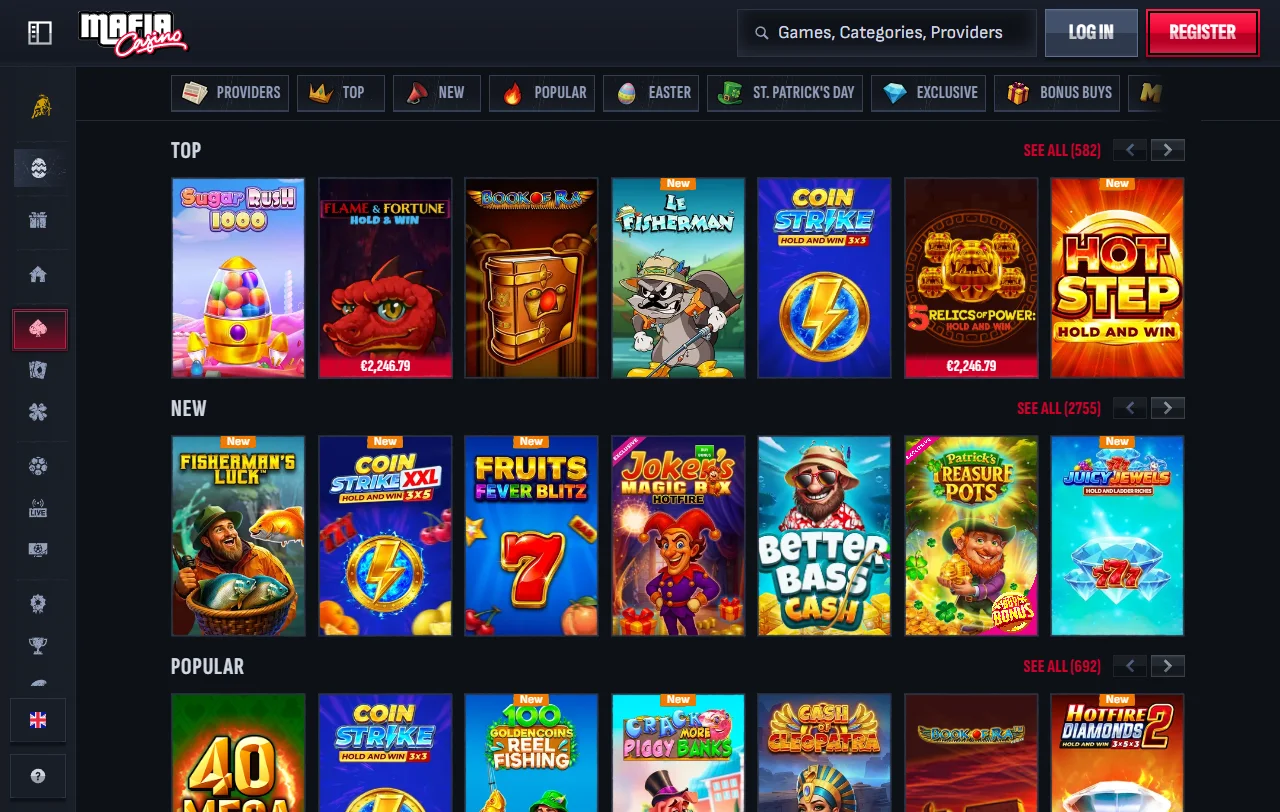 Mafia Casino Spielebibliothek mit Slots von Pragmatic Play und Play