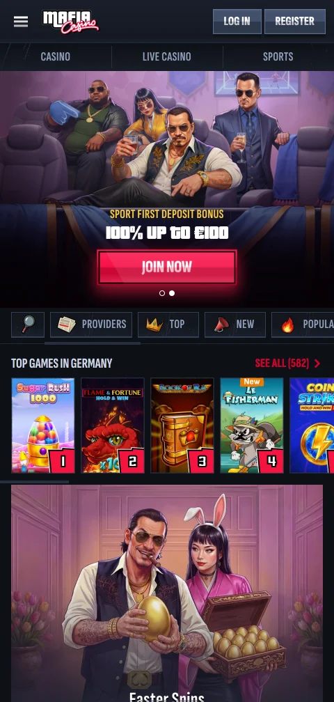 Mafia Casino mobile Browser-Version mit Live-Casino und Spielkategorien am Smartphone