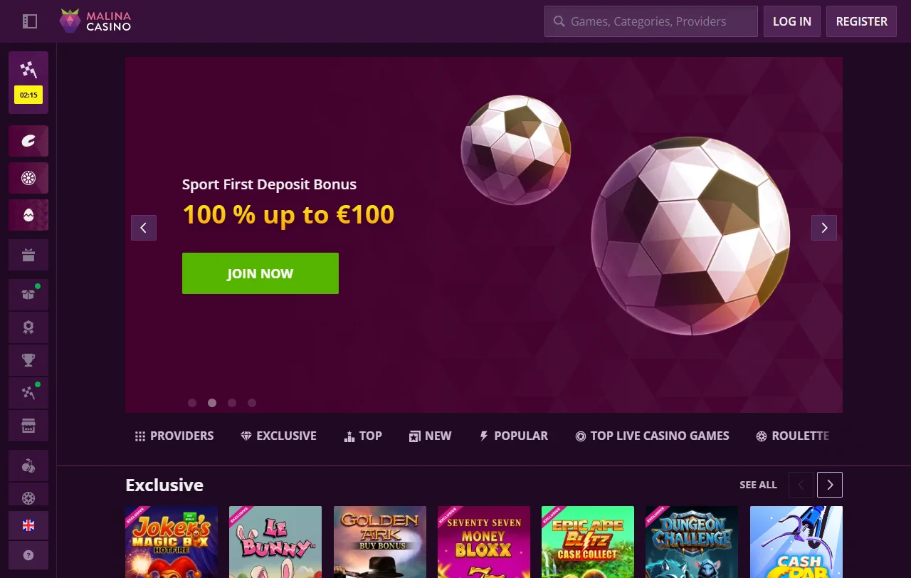 Malina Casino Startseite mit Casino- und Sportwettenbereich auf einem Konto