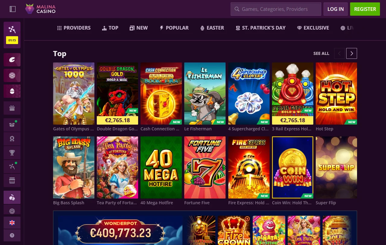 Malina Casino Willkommensbonus mit 100 % bis 500 € und 200 Freispielen
