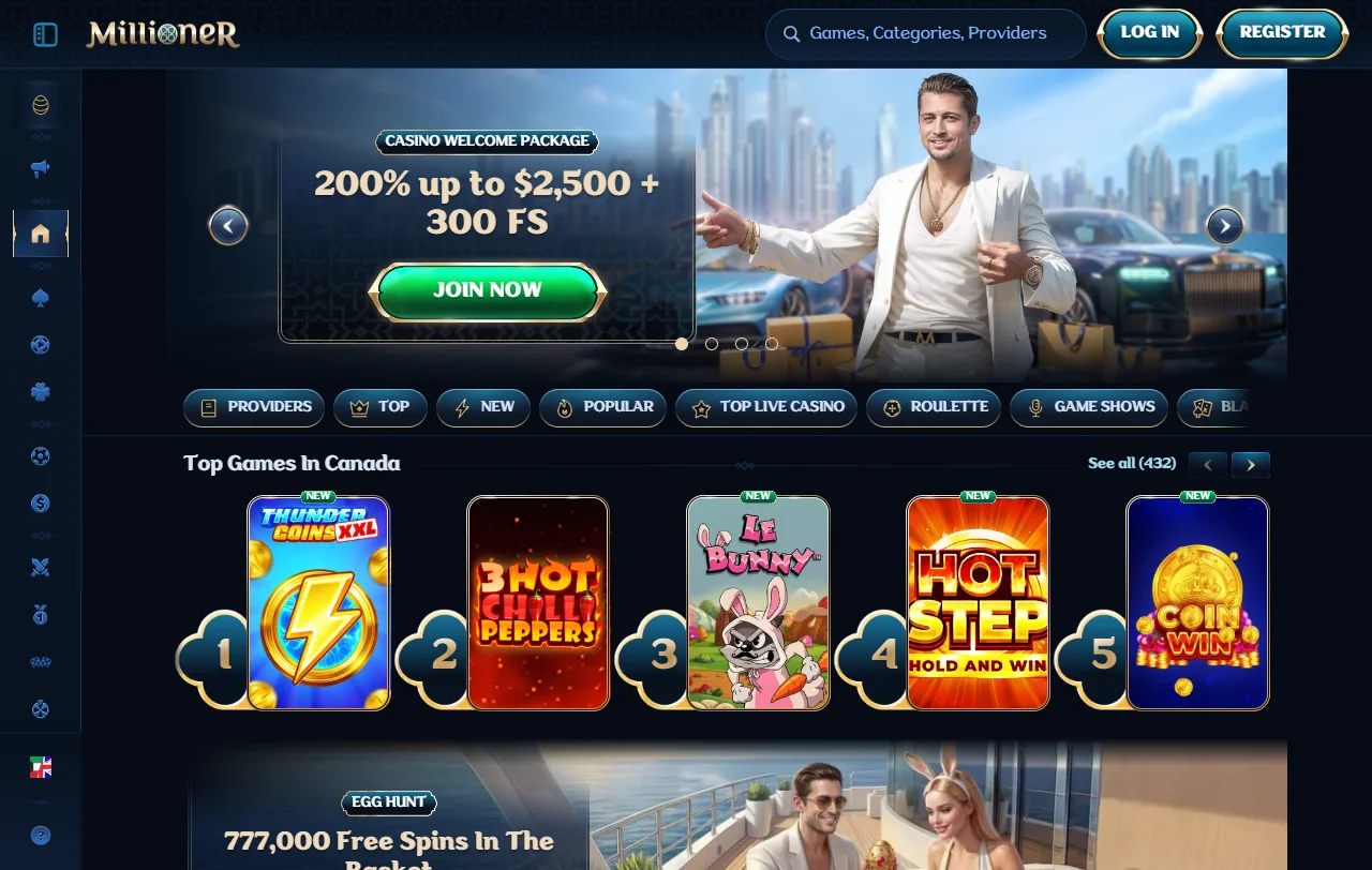 Startseite von Millioner Casino mit Live-Bereich und Sportwetten im Überblick