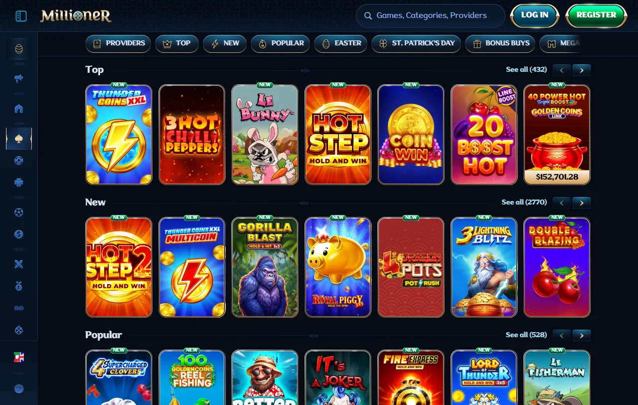 Spielauswahl bei Millioner Casino mit Slots von Novomatic und Pragmatic Play