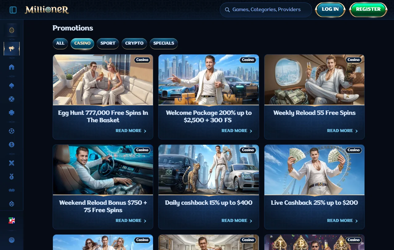 Millioner Casino Willkommenspaket bis 2.500 € und 300 Freispiele mit Bedingungen