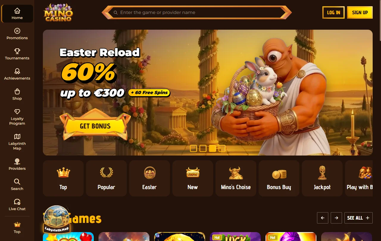 Startseite von MinoCasino mit Mythologie-Design und Überblick über das Angebot