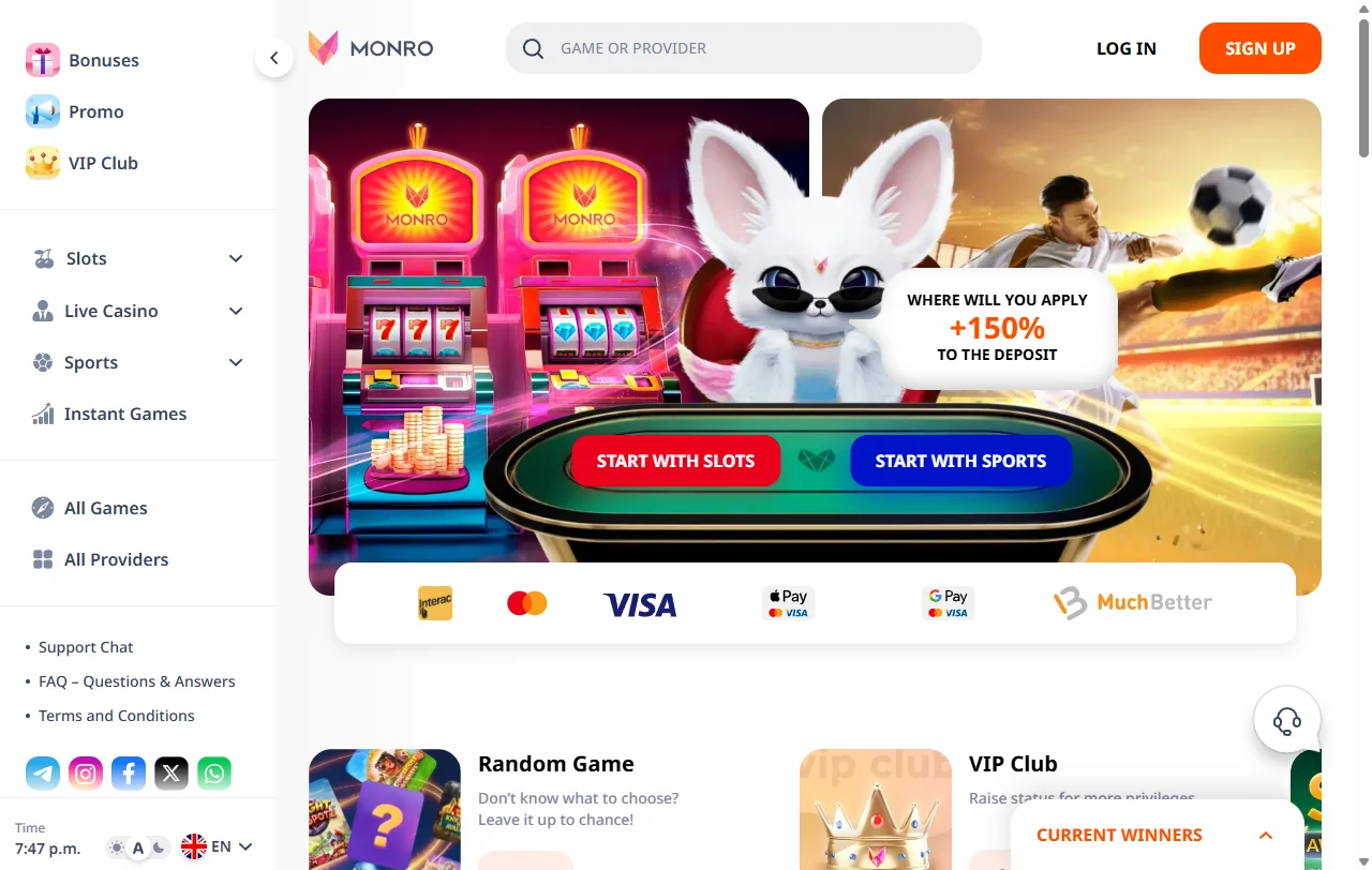 Startseite von Monro Casino mit Curaçao-Lizenz und Sportwetten für Spieler in Österreich