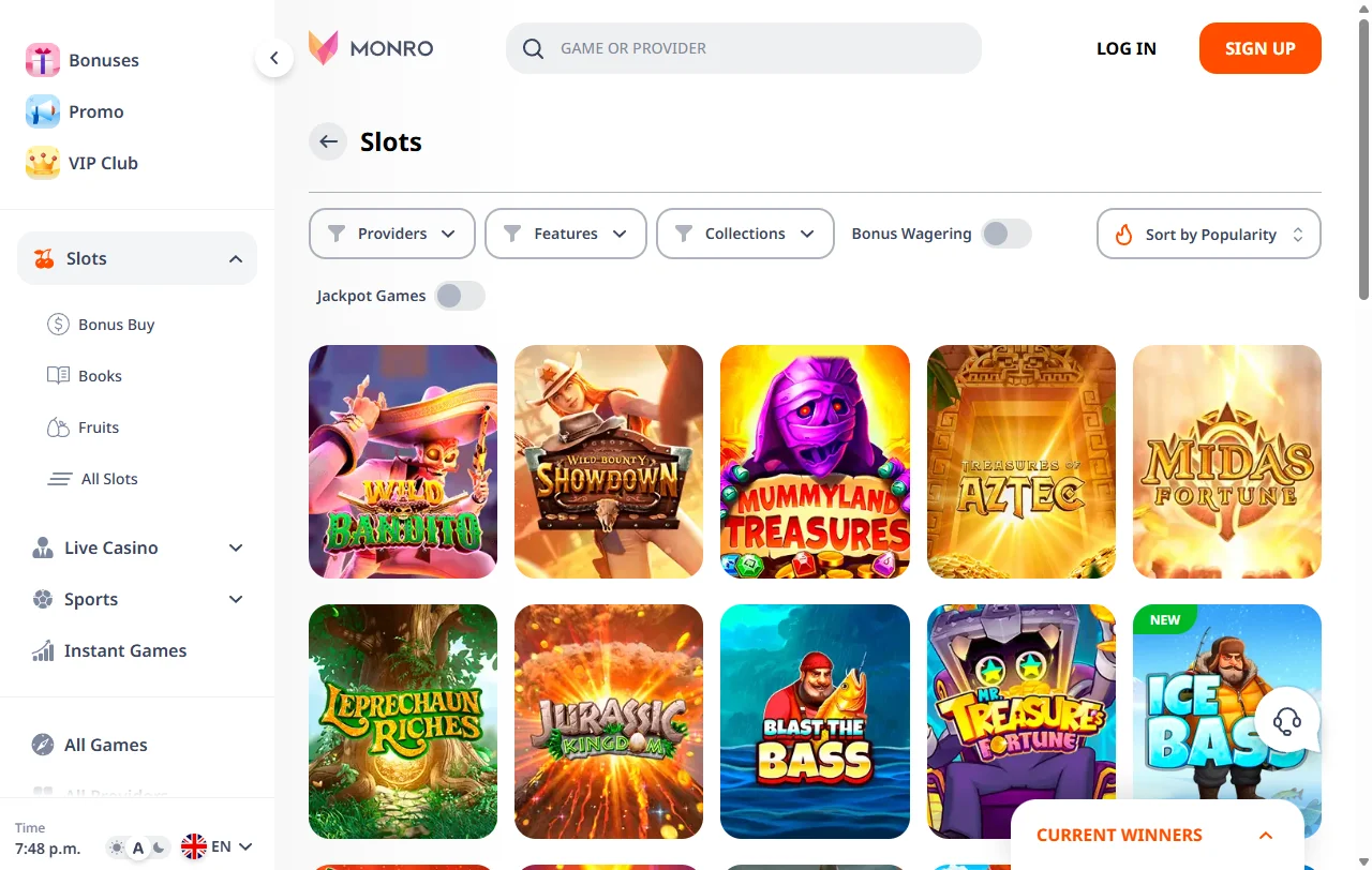 Spielbibliothek von Monro Casino mit über 7.700 Slots und Live-Tischen
