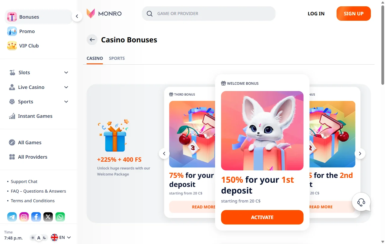 Willkommenspaket von Monro Casino mit 150 % bis 600 € auf die erste Einzahlung