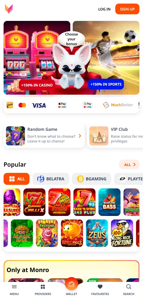 Monro Casino im mobilen Browser auf dem Smartphone mit HTML5-Lobby
