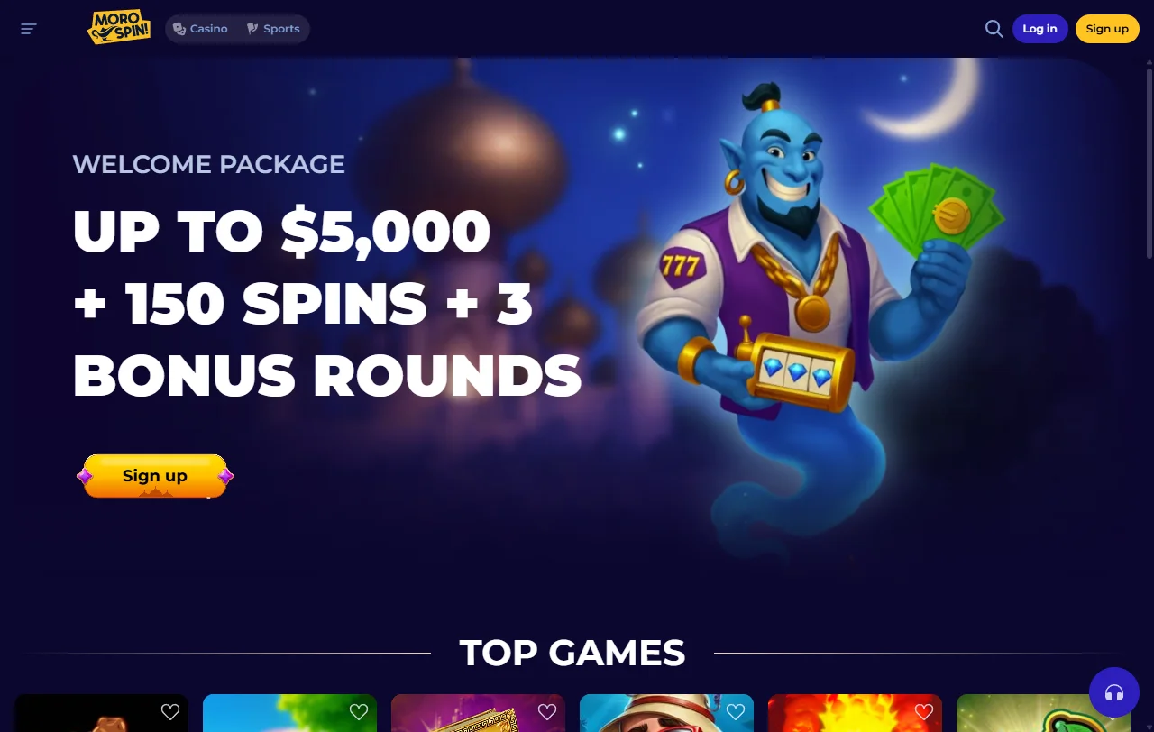 Startseite von Morospin Casino mit Überblick über Spiele und Aktionen