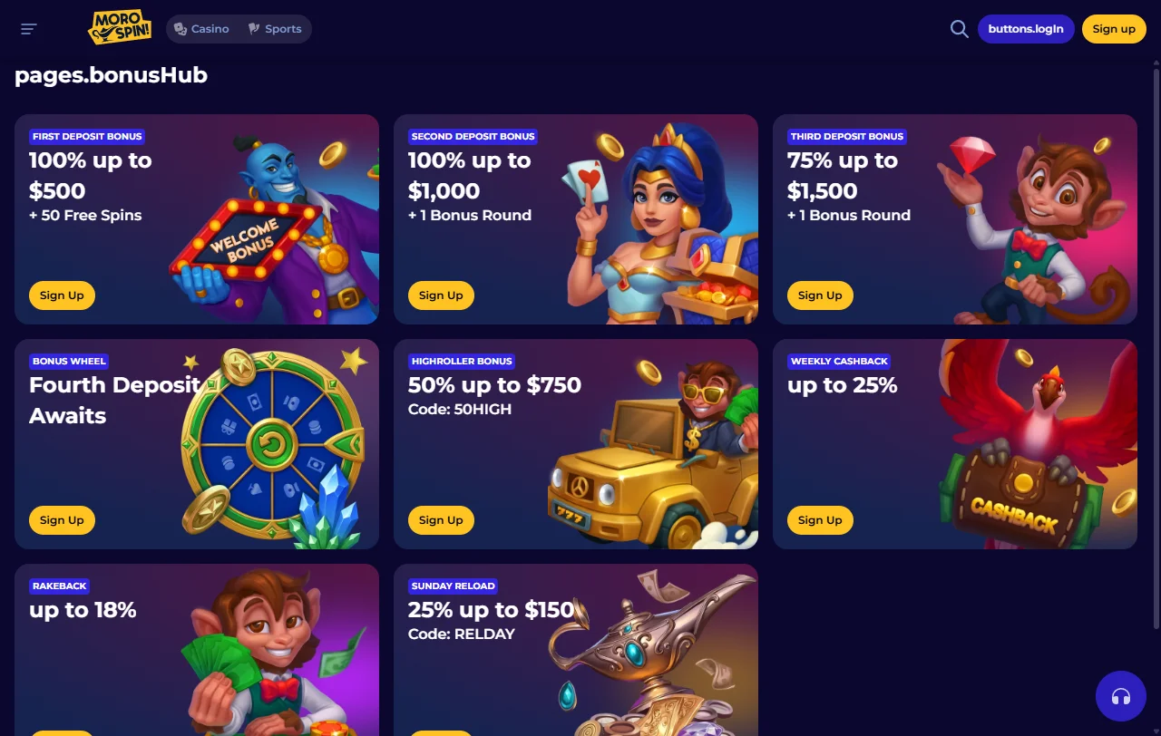 Spielelobby von Morospin Casino mit Slots von Pragmatic Play und BGaming