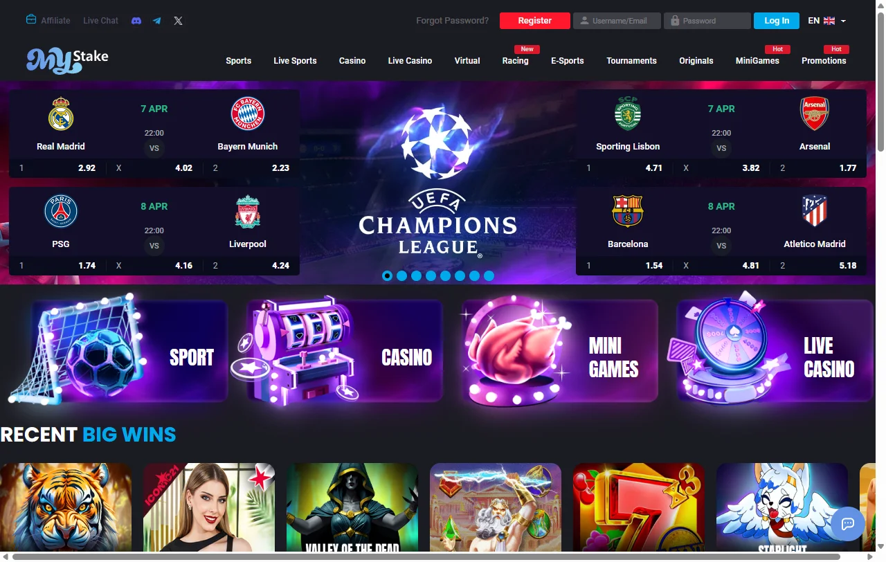 Startbereich von MyStake Casino mit dem Überblick über Spielkategorien und Sportwetten