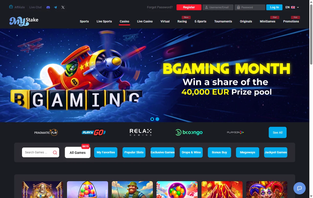 Spielebibliothek von MyStake Casino mit über 7.000 Titeln von mehr als 90 Studios