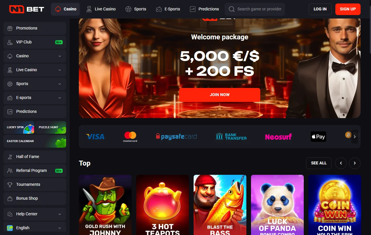 Startseite von N1Bet Casino mit Überblick über Casino und Sportwetten