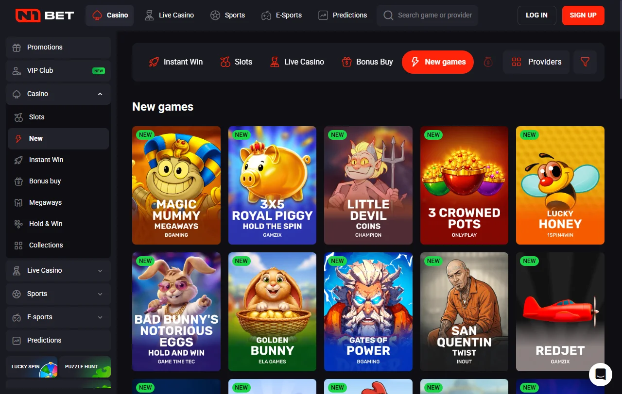 Spielbibliothek von N1Bet Casino mit Slots von Pragmatic Play und BGaming