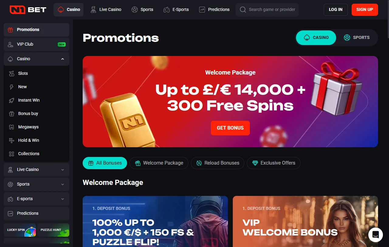 Willkommenspaket von N1Bet Casino mit Bonus zur ersten Einzahlung