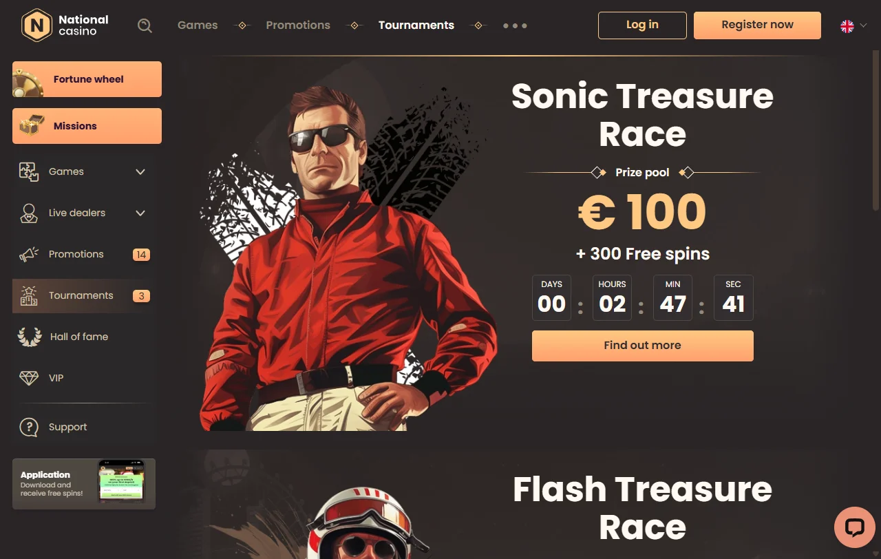 Startseite von National Casino mit Überblick über Angebot und Kategorien