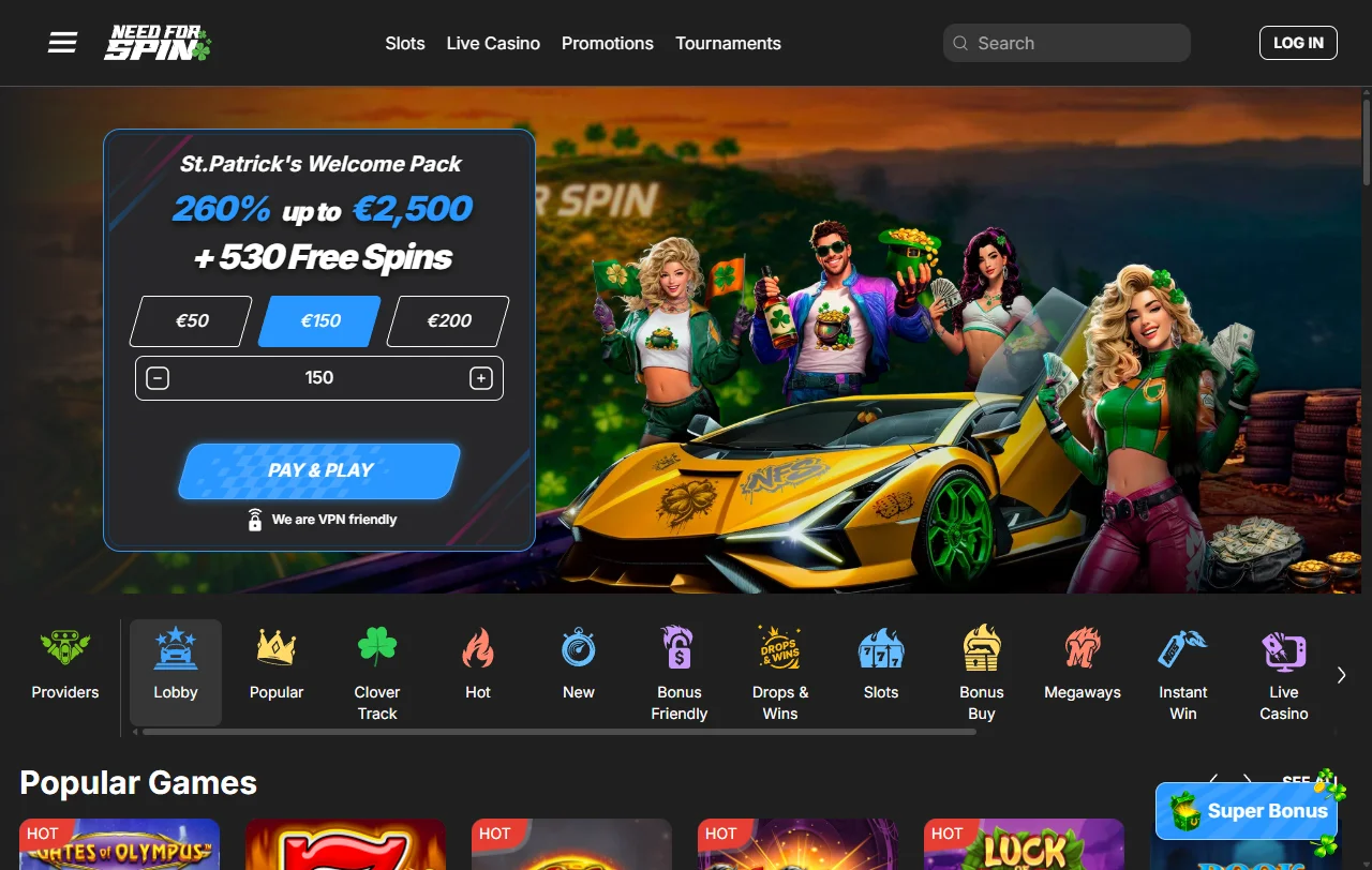 Need for Spin Casino Startseite mit Rennsport-Design und Übersicht der Spielbereiche