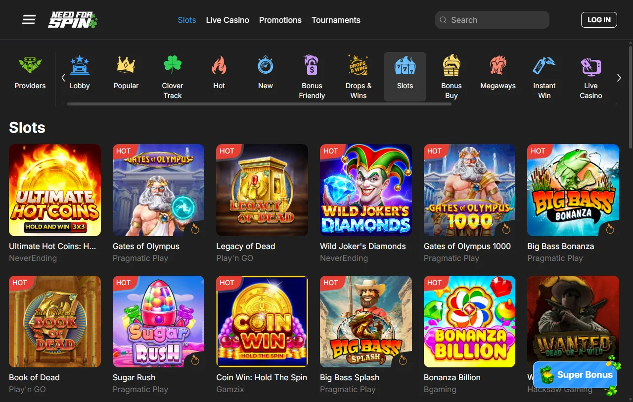 Spielelobby von Need for Spin mit Slots von Pragmatic Play und Nolimit City