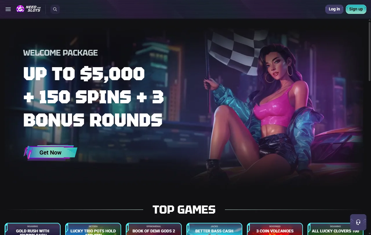 NeedForSlots Casino Startseite mit Überblick über Casino, Live-Casino und Sportwetten