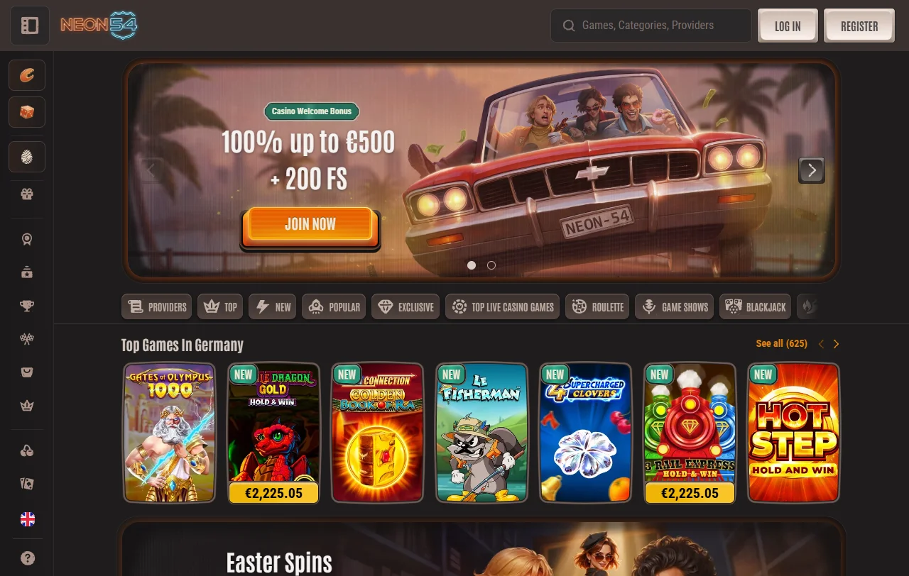 Startseite von Neon54 Casino mit Neon-Design und Überblick über das Angebot