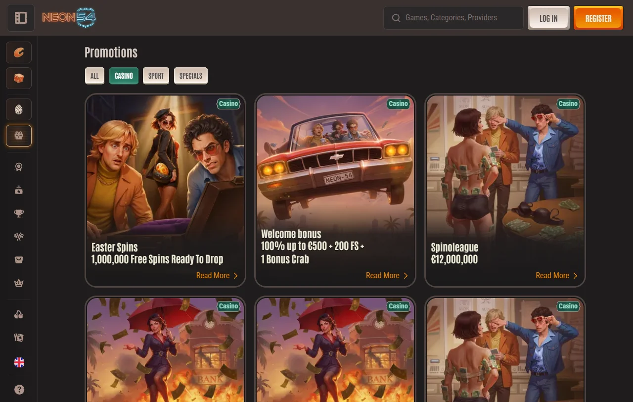 Spielebibliothek von Neon54 Casino mit Slots von Novomatic und Pragmatic Play