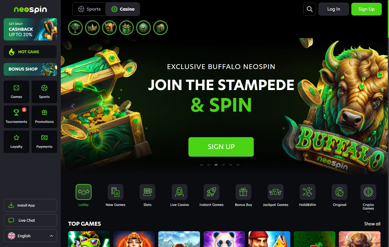 Startseite von Neospin Casino mit Überblick über Lobby, Aktionen und Kontobereich