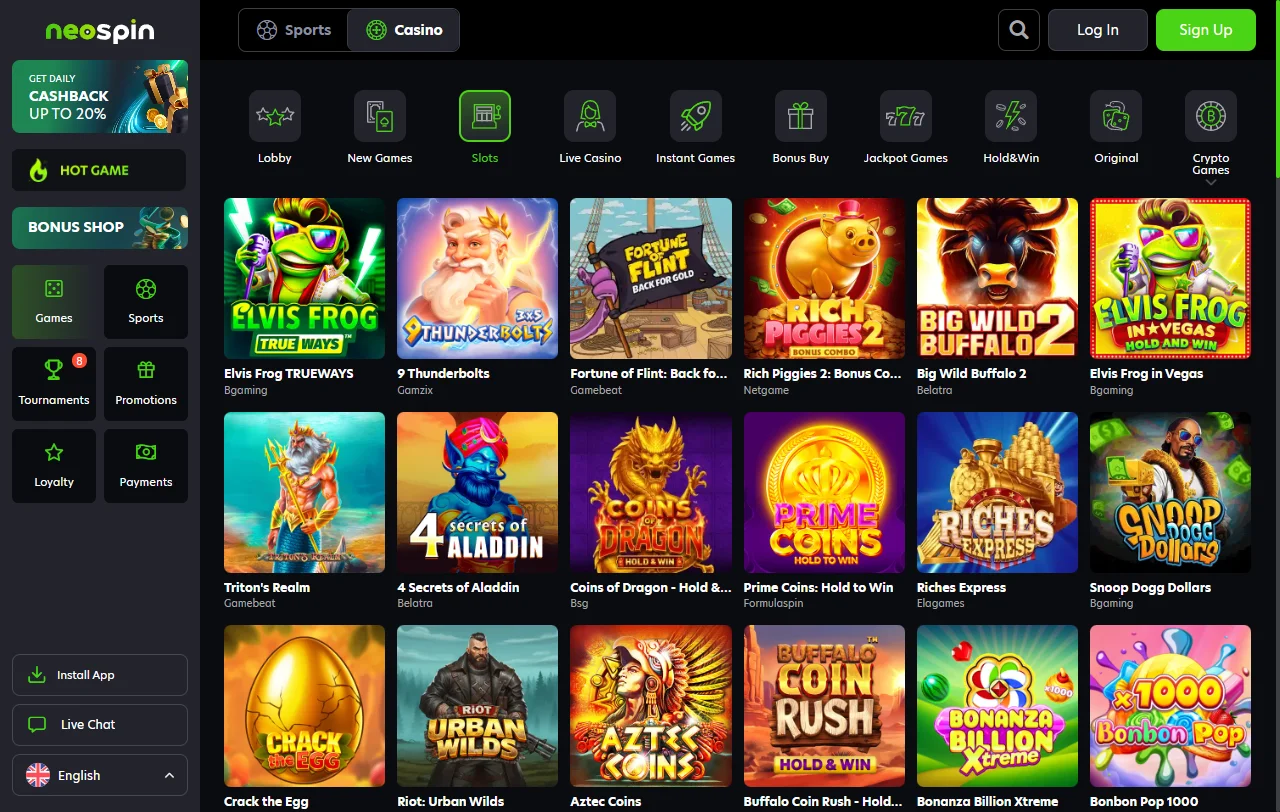 Spielelobby von Neospin Casino mit Slots von Pragmatic Play und BGaming
