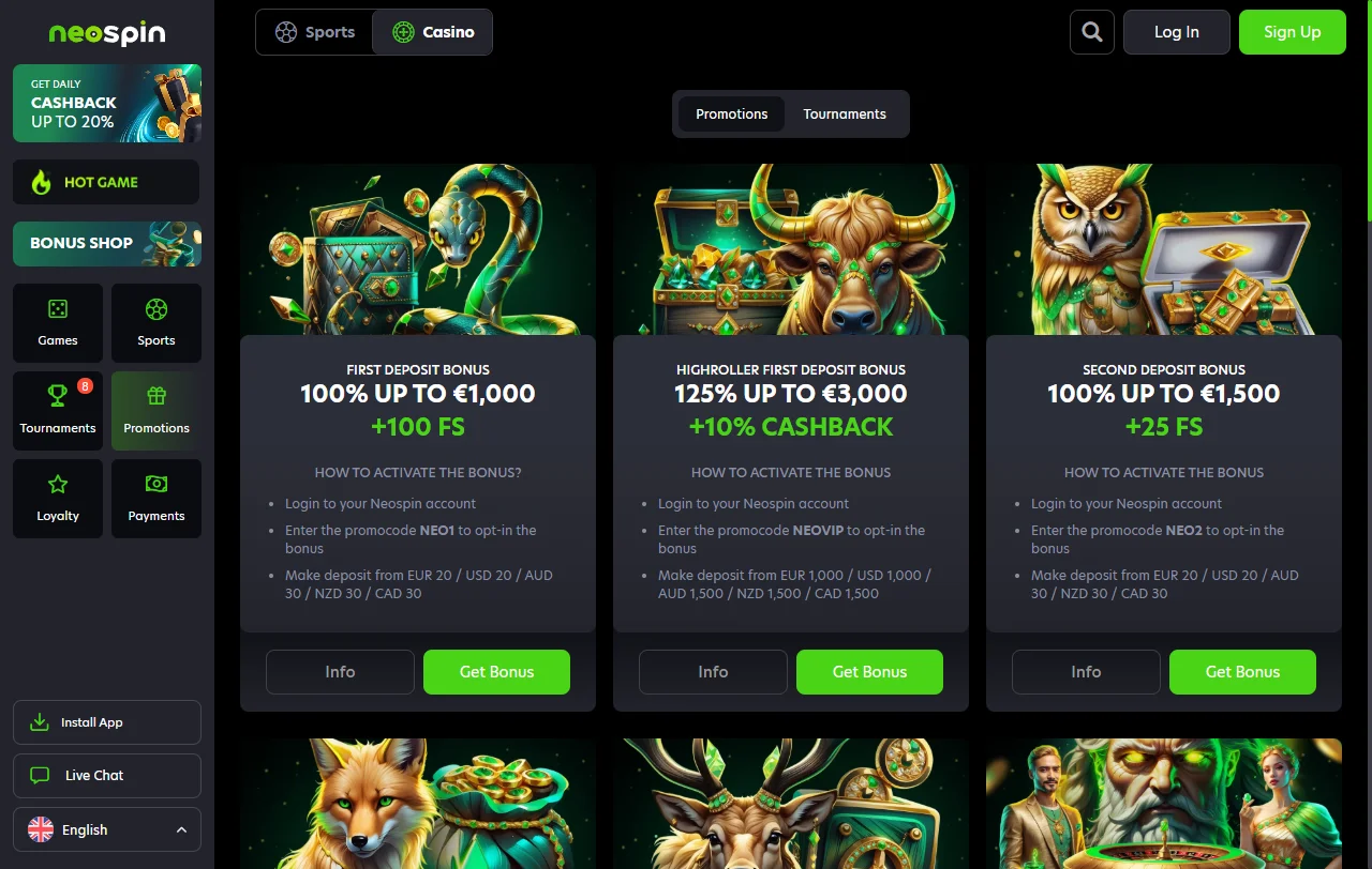Neospin Casino Willkommenspaket mit vier Bonusstufen und Freispielen im Überblick