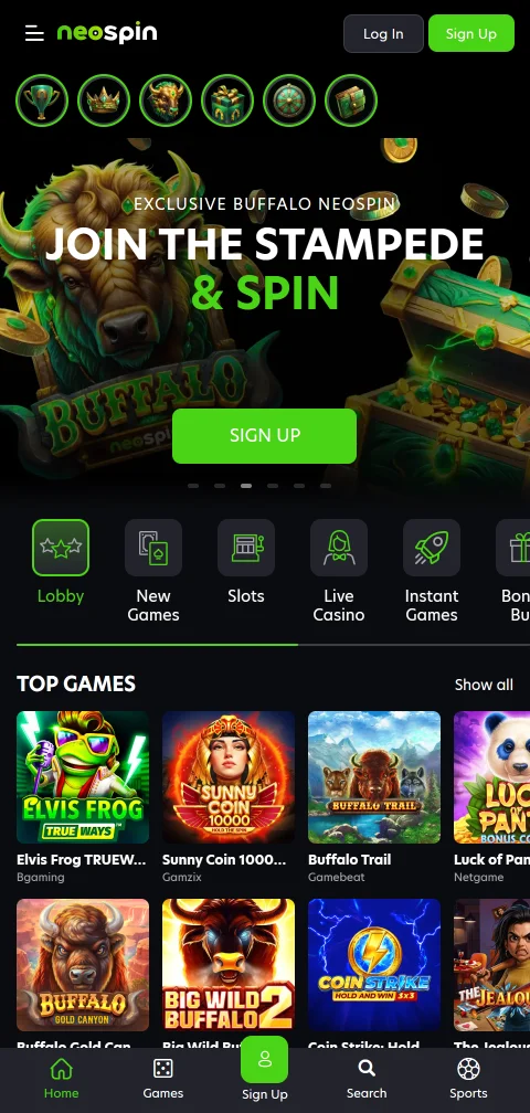 Neospin Casino im mobilen Browser mit angepasster Lobby am Smartphone