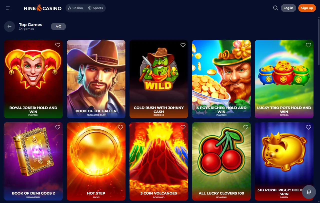 Spieleauswahl bei Nine Casino mit rund 7.000 Titeln von etwa 120 Studios