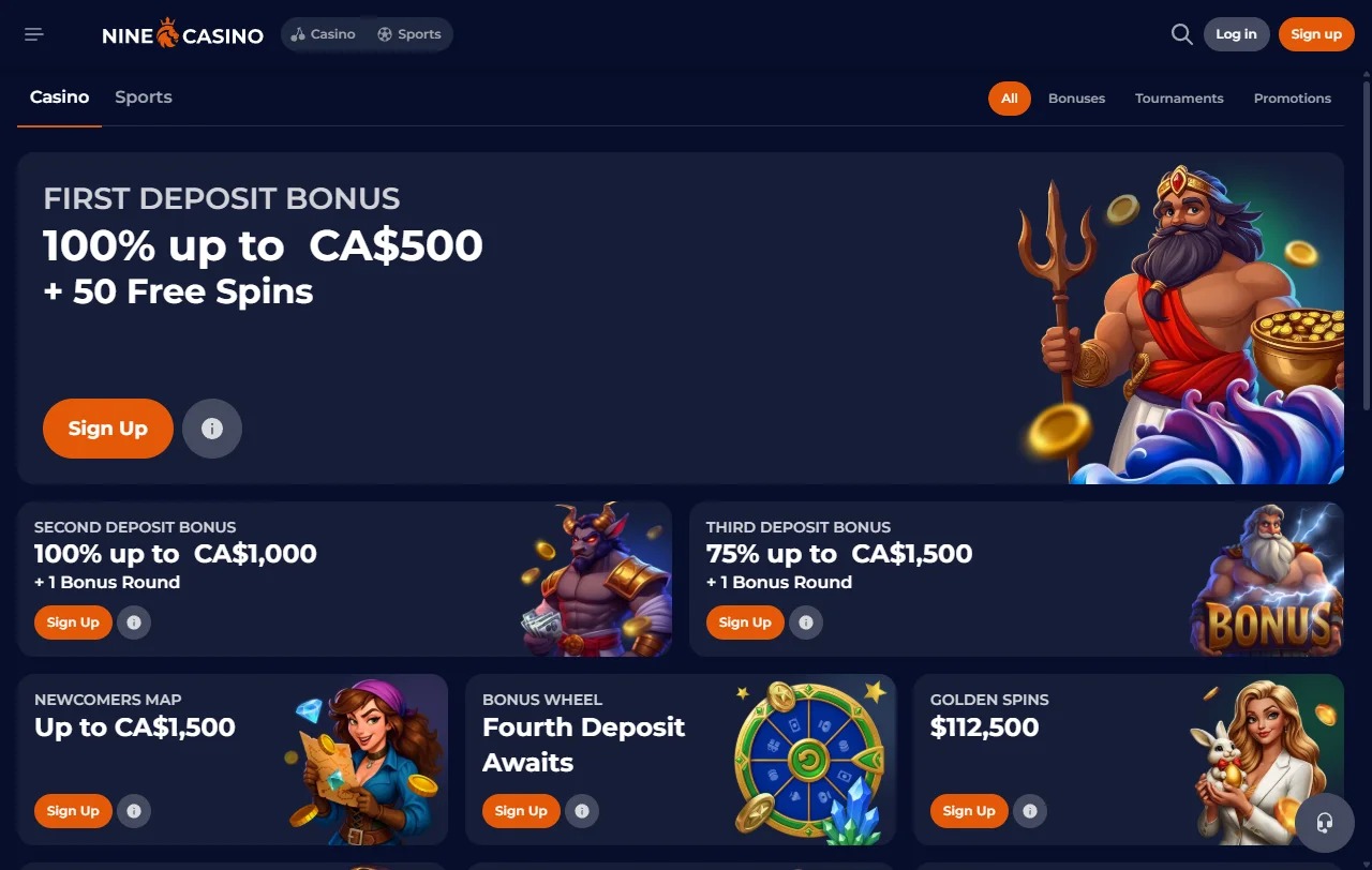 Willkommenspaket von Nine Casino mit bis zu 450 € und 250 Freispielen