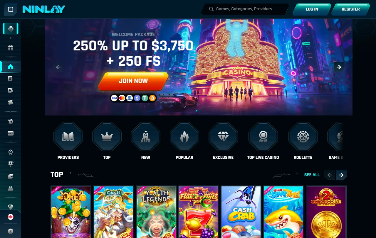 Startseite von Ninlay Casino mit Lobby und Kategorien für Österreich