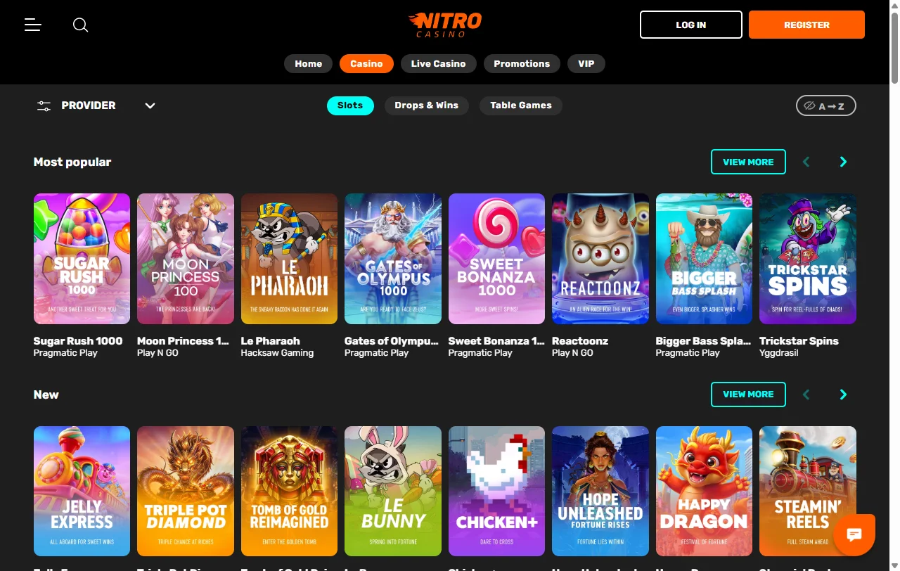 Spielelobby von Nitro mit Slots von NetEnt, Pragmatic Play und Quickspin