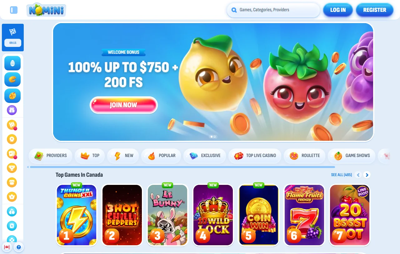Startseite von Nomini Casino mit Früchte-Design und Überblick über das Angebot
