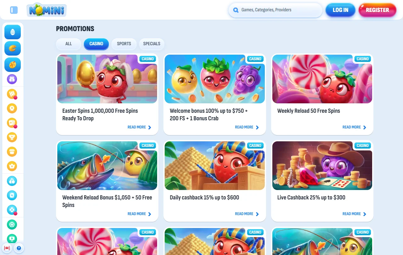 Spielelobby von Nomini mit Slots von Pragmatic Play, Play