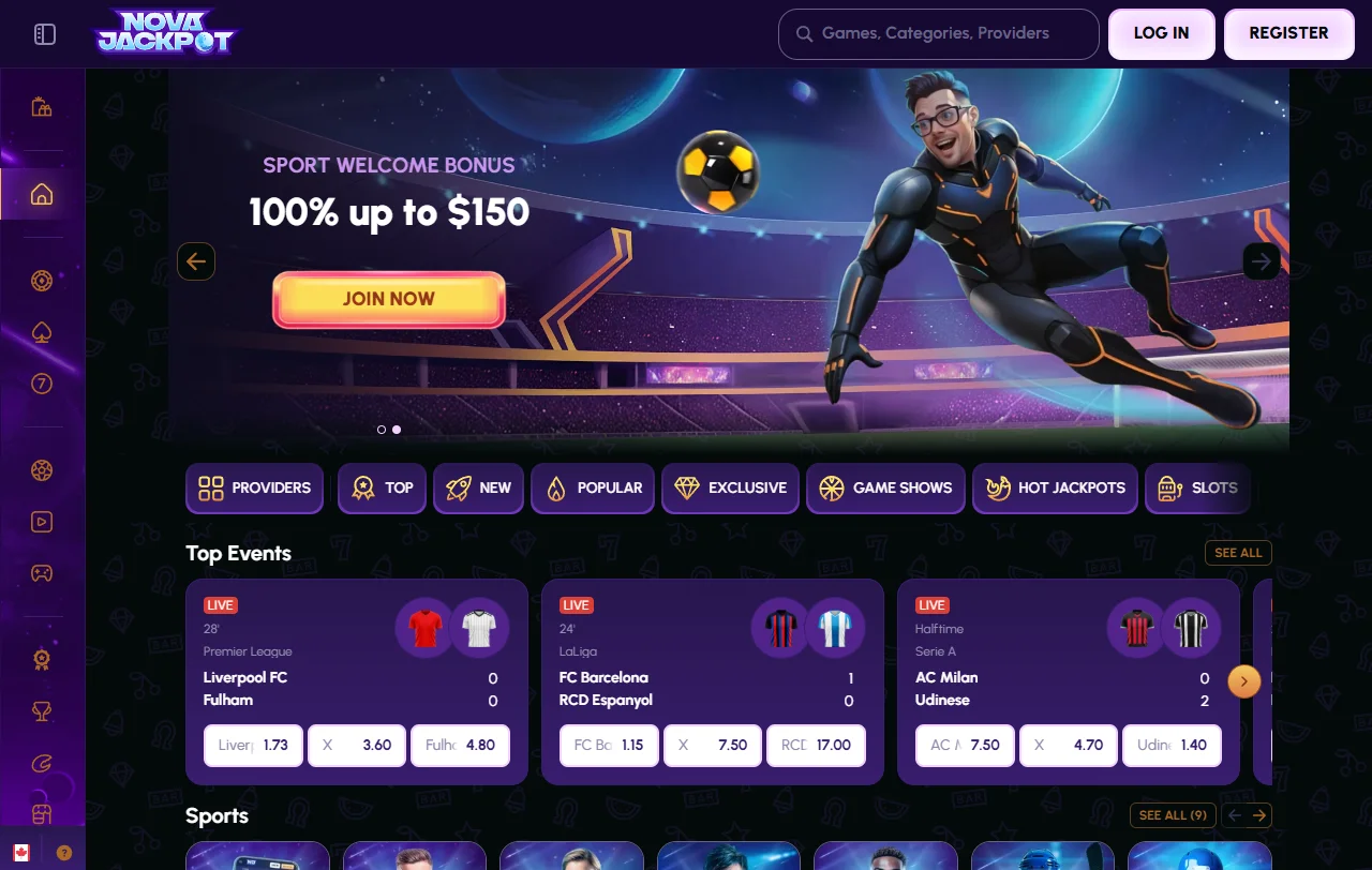 Startseite von Novajackpot Casino mit Überblick über Spiele, Sportwetten und Aktionen