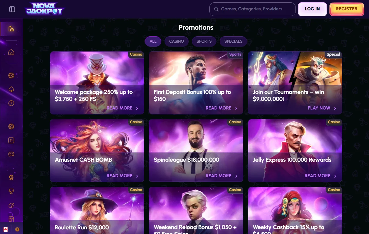 Spielelobby von Novajackpot Casino mit Merkur-, Gamomat- und Pragmatic-Play-Slots